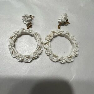 White Off White Carved Celluloid Floral Earrings 1950’s